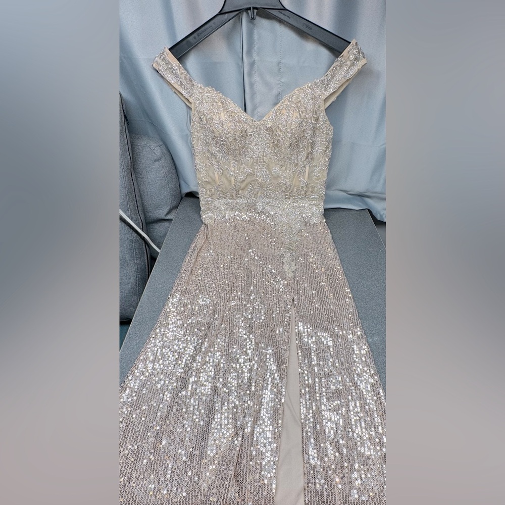 Off the Shoulder Embroidered Corset Sequin Slit Dress